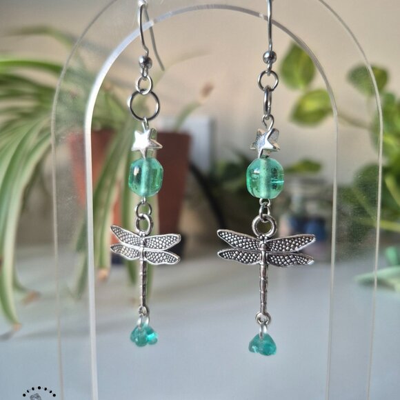 Turquoise Dragonfly Silver Dangle Earrings - Picture 7 of 8